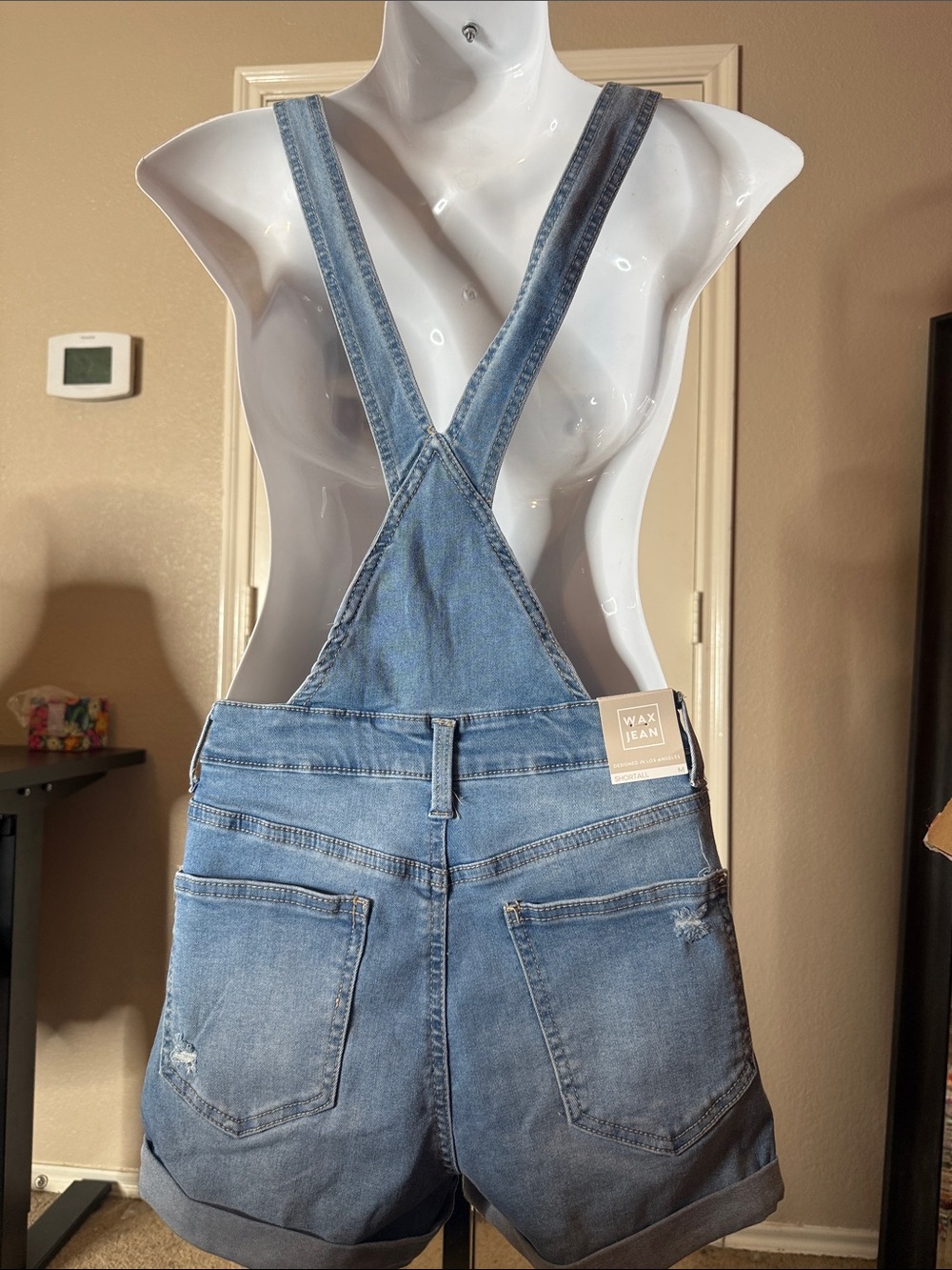 Wax Jean Distressed Denim Short Overalls in Blue - Picture 4 of 4